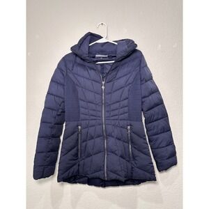 Bernardo Womens Navy Blue Chevron Quilted Puffer Jacket Removable Hood‎ Size M